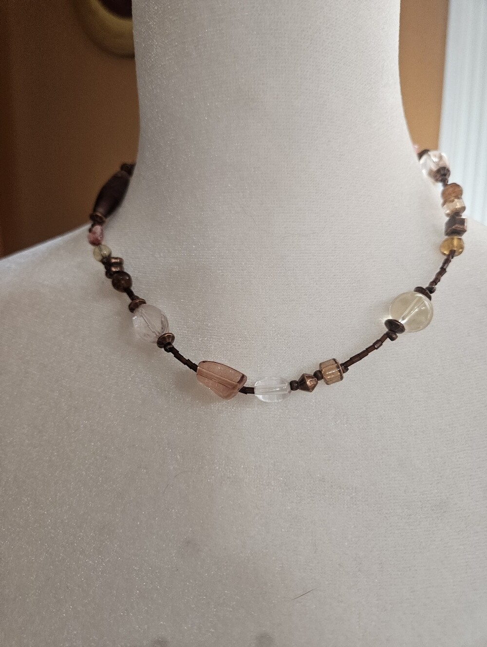 Lia Sophia Handmade Copper Beaded Necklace with Pink and Amber Glass Beads